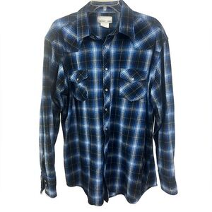 Wrangler Men's Pearl Snap Western Blue Plaid Flannel Button Down Shirt- XL Tall‎